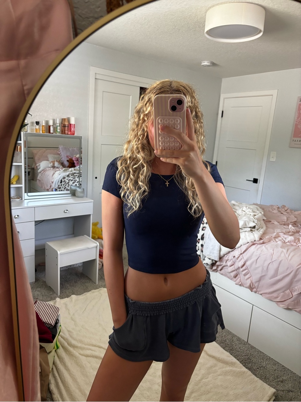 Women’s Navy Ribbed Short Sleeve open back Crop Top